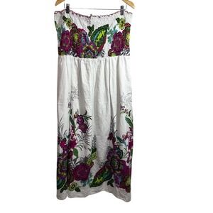 Magic Womens Strapless Maxi Dress 1X White Cotton Floral Boho Smocked Cottage